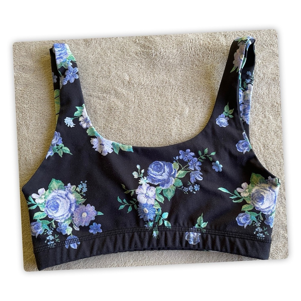 WeWoreWhat Black Floral Sports Bra XS Stretch Crop Activewear Top